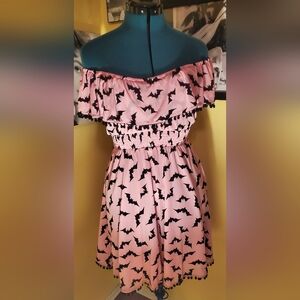Sourpuss Pink Bat Print Off-Shoulder Dress – Retro Gothic Rockabilly Style